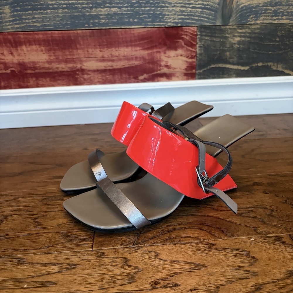 United Nude Loop Hi Nappa Leather Open Toe Heel Sandals Red Silver US 7.5 EU 38